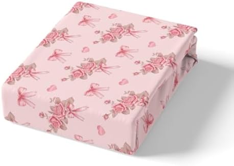 Manfei Flowers Bow Fitted Sheet Queen Pink Bow-tie Design