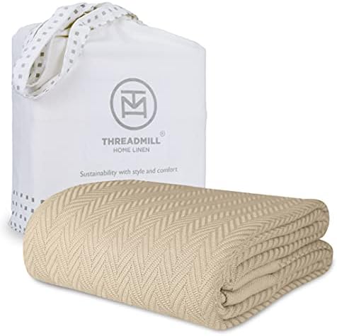Threadmill Premium Cotton Herringbone Twin Blanket - 350GSM 68x92 Inches Beige