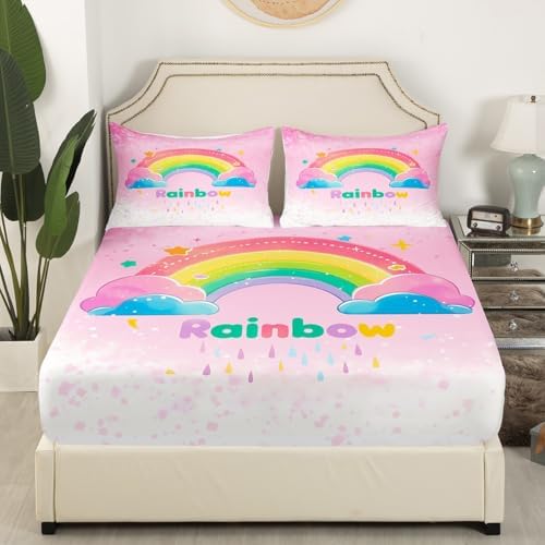 Castle Fairy Cartoon Rainbow Fitted Sheet Twin Size Set