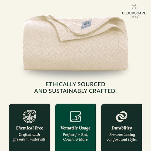 Cloudscape Linen 100 Cotton Queen Blanket Herringbone Pattern Ivory 92x92