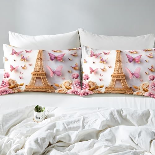 Castle Fairy Pink Flowers Eiffel Tower Twin Sheet Set