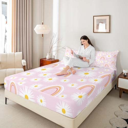 Manfei Girls Pink Daisy Bed Sheet Set Twin Size