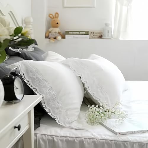 White Lace Pillow Shams Queen 20x30 Shabby Chic