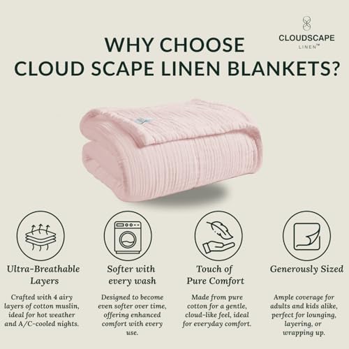 Soft 4 Layer Muslin Cotton Blanket King Size 92x108 Seashell Pink