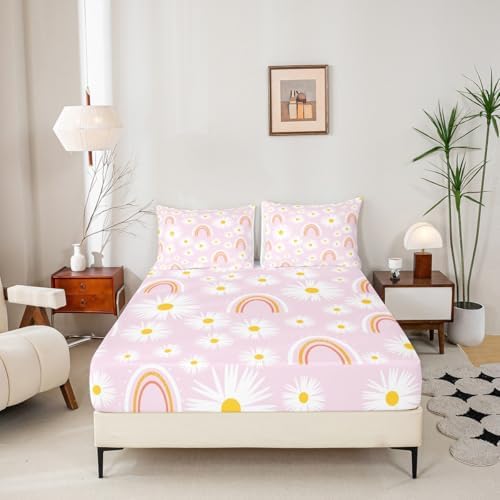 Manfei Girls Pink Daisy Bed Sheet Set Twin Size