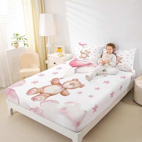 Castle Fairy Cute Pink Stars Microfiber Fitted Sheet Set Twin Size