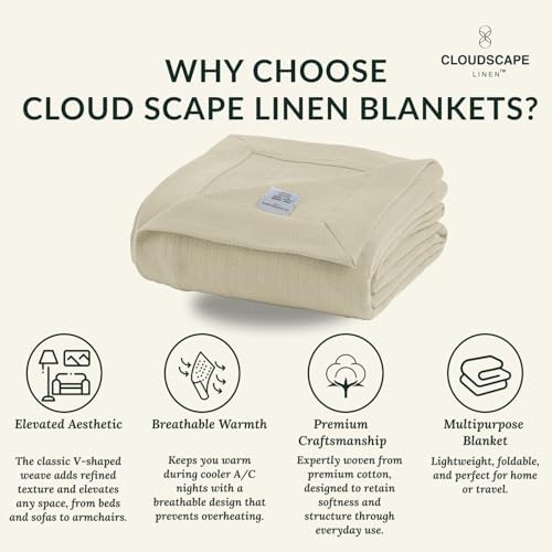 CLOUDSCAPE LINEN Herringbone Cotton Twin Blanket Beige Fog 68x92