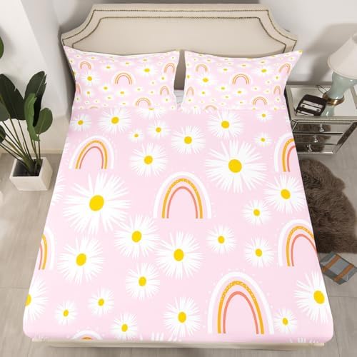 Manfei Girls Pink Daisy Bed Sheet Set Twin Size