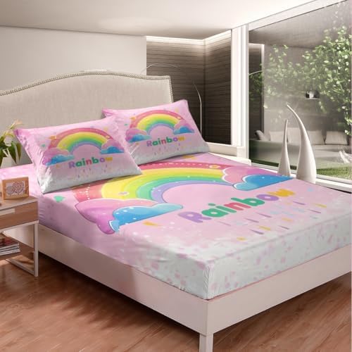 Castle Fairy Cartoon Rainbow Fitted Sheet Twin Size Set