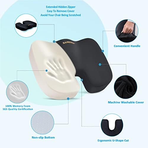 SAIREIDER Memory Foam Seat Cushion and Lumbar Support Pillow Set Black
