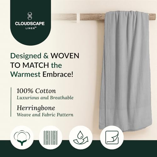 Cloudscape Linen 100 Cotton Queen Blanket Herringbone Pattern Light Grey
