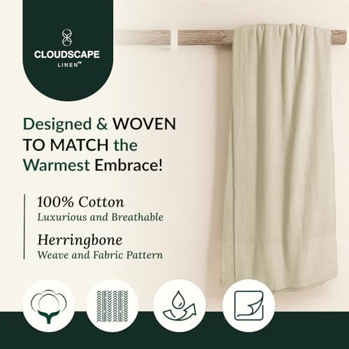 CLOUDSCAPE LINEN Herringbone Cotton Twin Blanket Beige Fog 68x92