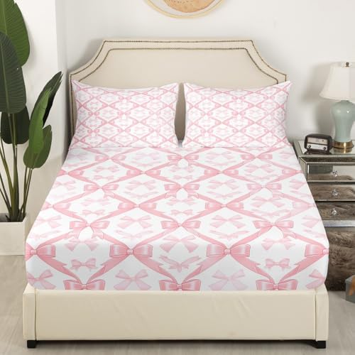 Manfei Pink Bowknots Queen Fitted Sheet Set