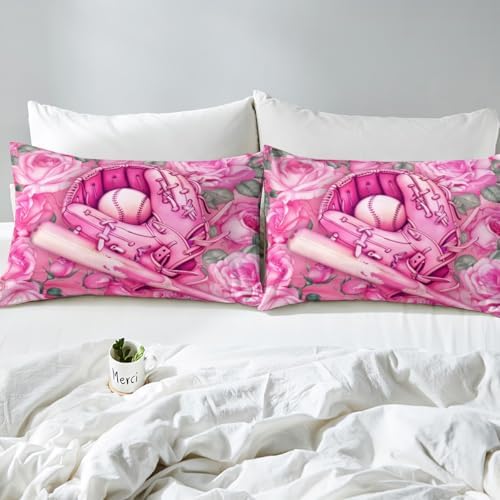 Manfei Baseball Bed Sheet Set Girly Sports Theme Twin Size