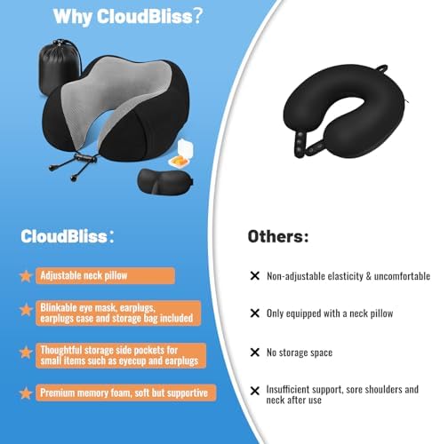 CloudBliss Travel Pillow Memory Foam Adjustable Breathable Neck Support