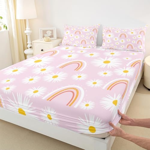 Manfei Girls Pink Daisy Bed Sheet Set Twin Size