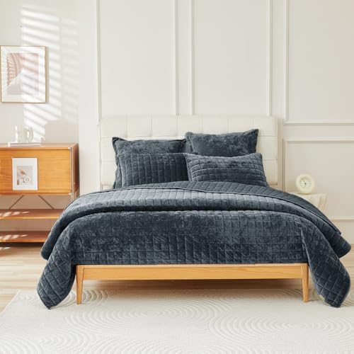 LR Rocaloca Velvet Quilt Set King Size 98x106 Blue Gray