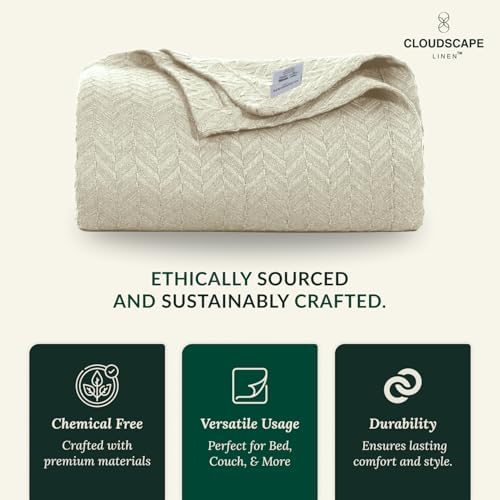 CLOUDSCAPE LINEN Herringbone Cotton Twin Blanket Beige Fog 68x92