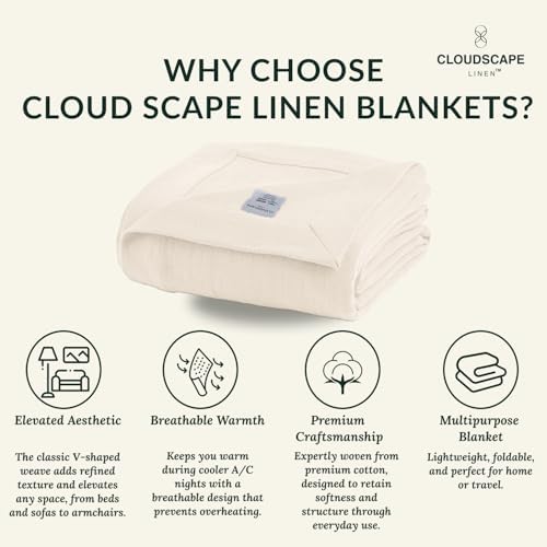 Cloudscape Linen 100 Cotton Queen Blanket Herringbone Pattern Ivory 92x92