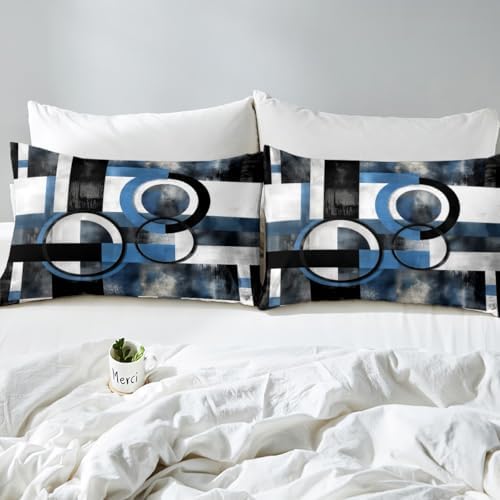 Homewish Blue Geometry Fitted Sheet Twin Set with Pillowcase