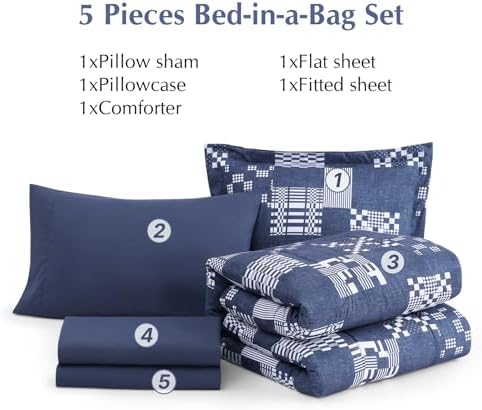 Navy Blue Plaid Twin XL Comforter Set 5 Pieces