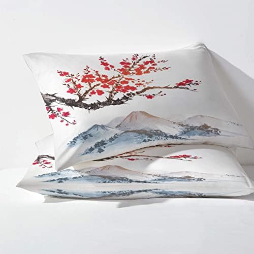Phtbz Japanese Pillow Cases Set of 2 - Cherry Blossom and Mount Fuji Design