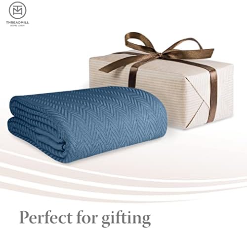 Threadmill Luxury Herringbone Cotton King Blanket - Folkstone Blue