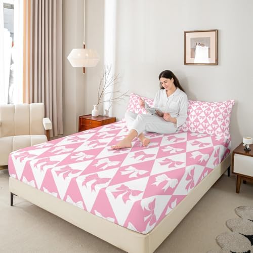Manfei Pink Bow Fitted Sheet Set Queen Size 1