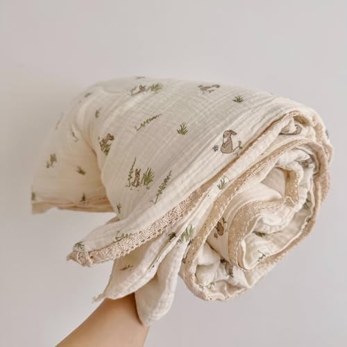 BuLuTu Cartoon Bunny Gauze Toddler Quilt Soft Breathable Cotton Muslin Blanket