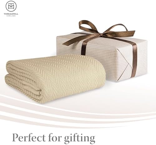 Threadmill Premium Cotton Herringbone Twin Blanket - 350GSM 68x92 Inches Beige