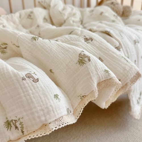 BuLuTu Cartoon Bunny Gauze Toddler Quilt Soft Breathable Cotton Muslin Blanket