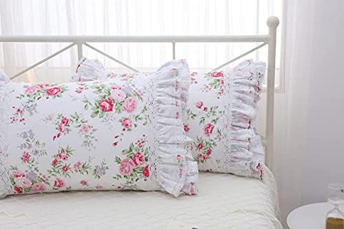2-Pack Rose Floral Print Pillow Shams with Lace Ruffles 1