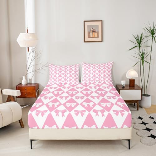 Manfei Pink Bow Fitted Sheet Set Queen Size 1