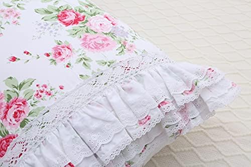 2-Pack Rose Floral Print Pillow Shams with Lace Ruffles 1