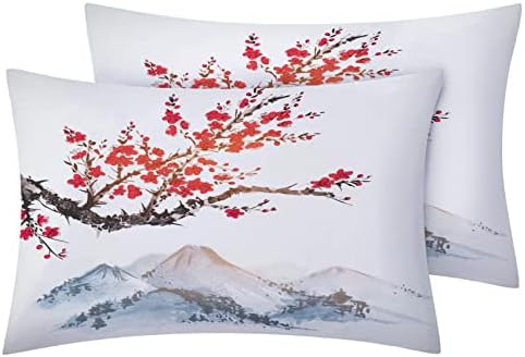 Phtbz Japanese Pillow Cases Set of 2 - Cherry Blossom and Mount Fuji Design