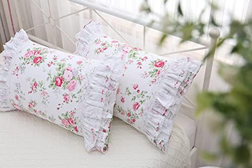 2-Pack Rose Floral Print Pillow Shams with Lace Ruffles 1