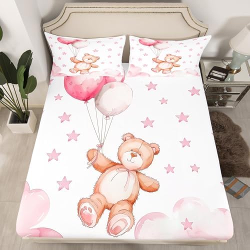 Castle Fairy Cute Pink Stars Microfiber Fitted Sheet Set Twin Size