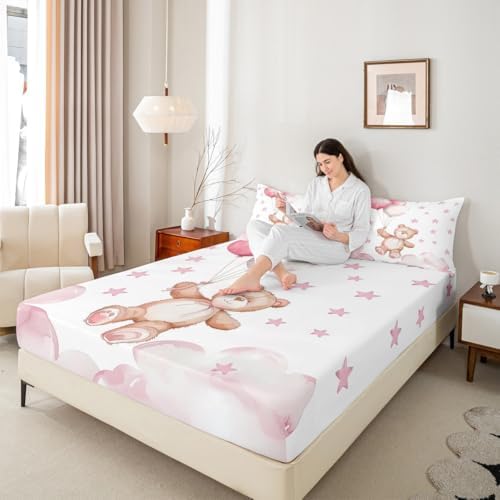 Castle Fairy Cute Pink Stars Microfiber Fitted Sheet Set Twin Size