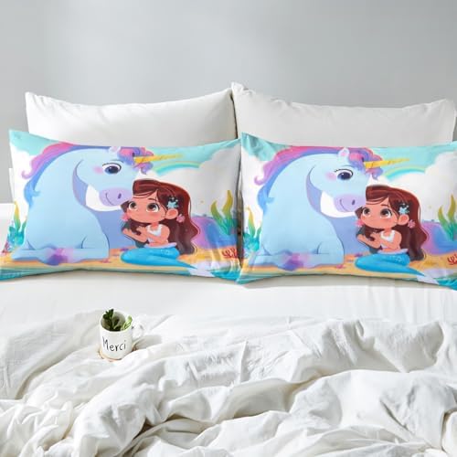Manfei Mermaid Unicorn Sheet Set Kids Twin with Pillowcase