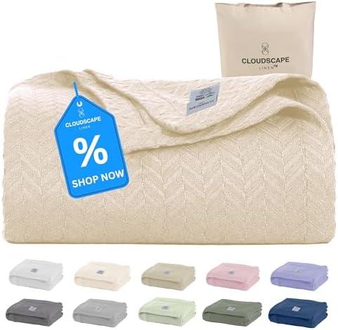 Cloudscape Linen 100 Cotton Queen Blanket Herringbone Pattern Ivory 92x92
