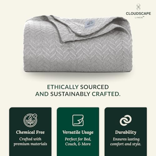 Cloudscape Linen 100 Cotton Queen Blanket Herringbone Pattern Light Grey