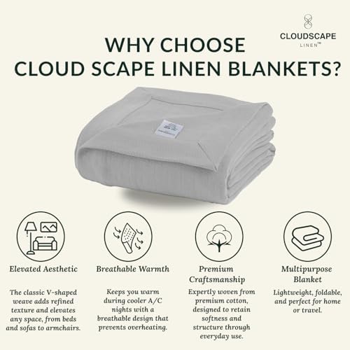 Cloudscape Linen 100 Cotton Queen Blanket Herringbone Pattern Light Grey