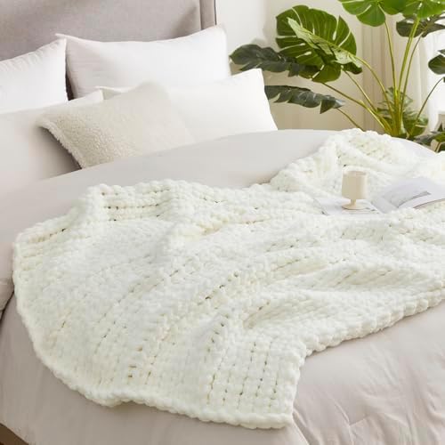 Amlie Home Chunky Knit Throw Blanket Ivory 40x50