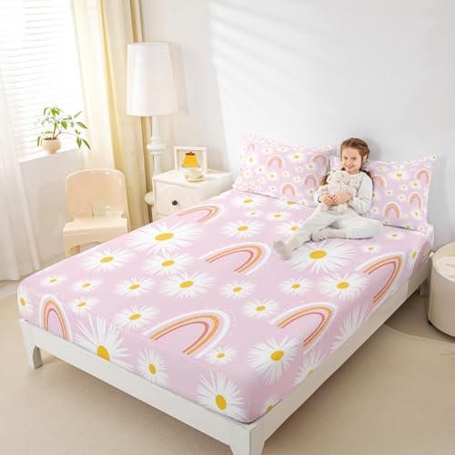Manfei Girls Pink Daisy Bed Sheet Set Twin Size