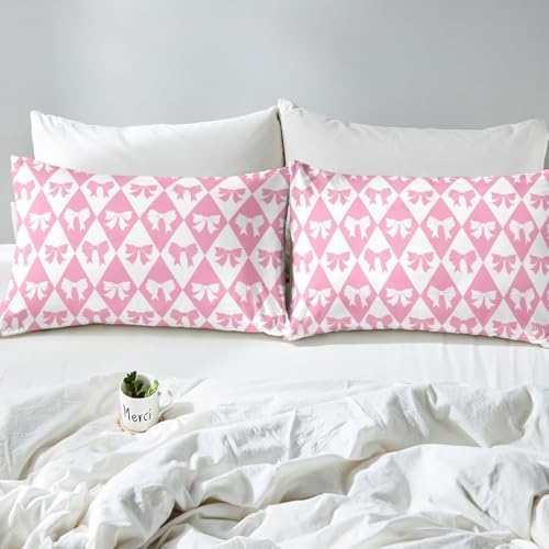 Manfei Pink Bow Fitted Sheet Set Queen Size 1