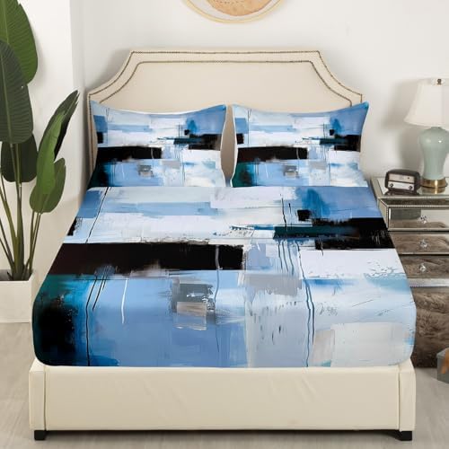 Manfei Abstract Art Bed Sheet Set Twin Size Gray Blue Black