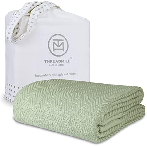 Threadmill Luxury Herringbone Cotton King Blanket Sage Green