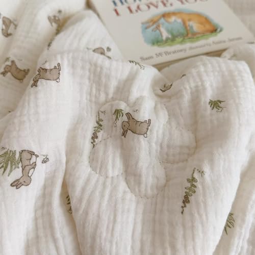 BuLuTu Cartoon Bunny Gauze Toddler Quilt Soft Breathable Cotton Muslin Blanket