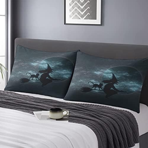 Halloween Pillowcase Set of 2 - Witch and Black Cat Queen Size