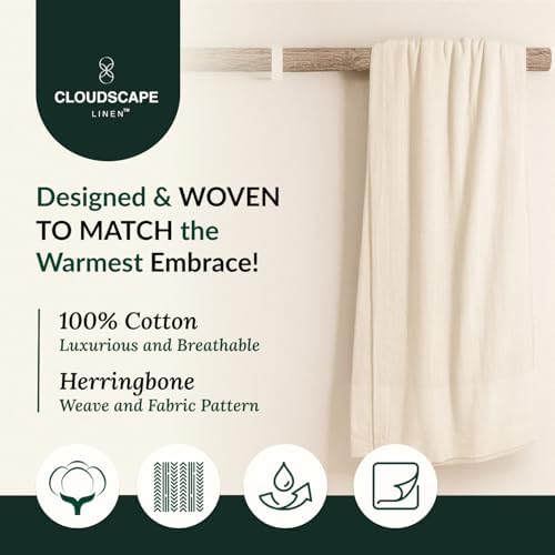 Cloudscape Linen 100 Cotton Queen Blanket Herringbone Pattern Ivory 92x92